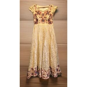 Neerus Ethnic India Yellow Gold Beaded Applique Fit & Flare Maxi Dress Sz M
